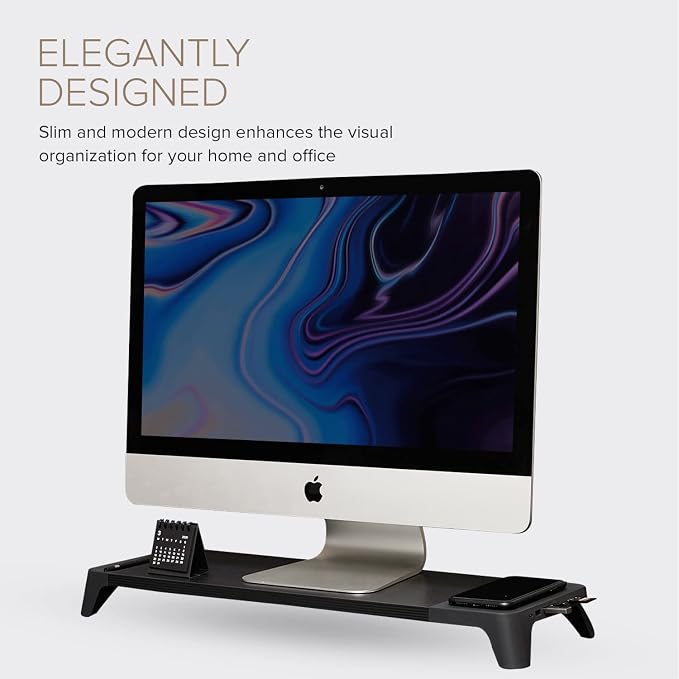 POUT E8 Wood Desk Monitor Computer Stand Riser Shelf + USB HUB + Qi Fast Wireless Charging Charger Pad Mat for Laptop Apple iMac PC iPhone Samsung Galaxy Airpod 2 Buds (Black)