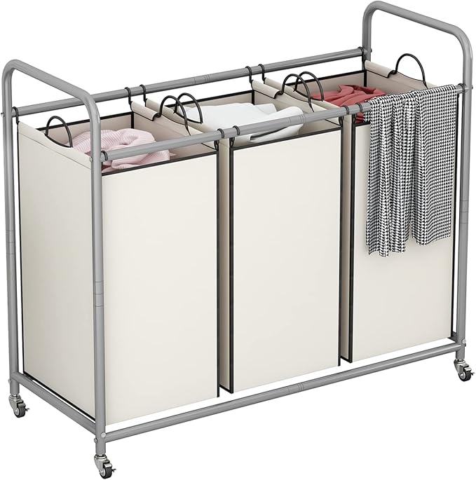 LINZINAR 3-Bag Laundry Sorter,Laundry Hamper Cart with Heavy Duty Rolling Lockable Wheels and Removable Bags (Beige)
