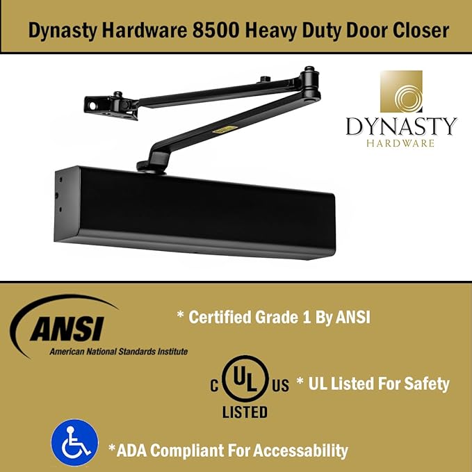 Dynasty Hardware Door Closer, Grade 1 Heavy Duty Commercial Hydraulic Closer, Self-Closing, Adjustable Spring Size 1-6, ADA Compliant, Surface Mount, Black, Series 8500