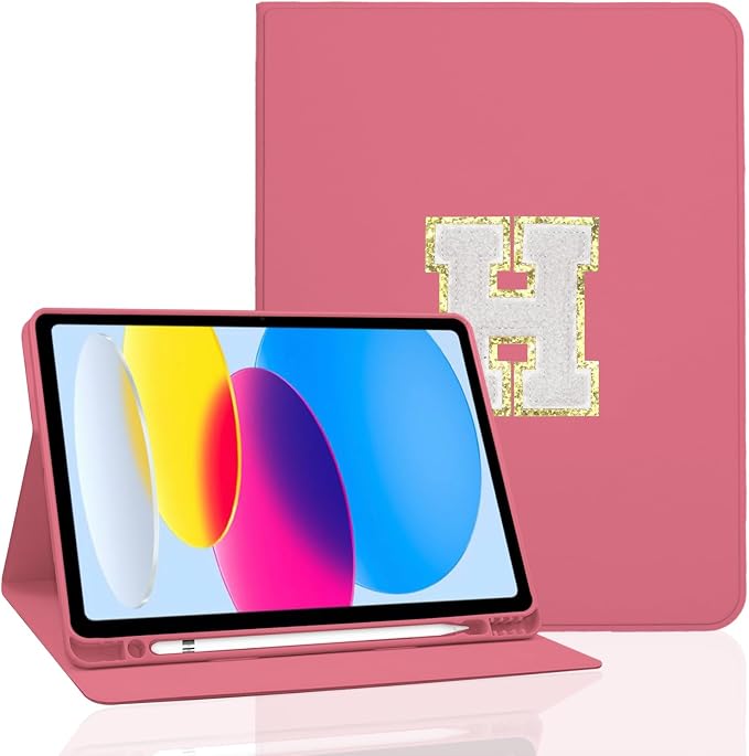 for iPad 9th Generation 10.2 Inch 2021/2020/2019 Case Initial Chenille Letter Suture Personalized for iPad 9th/8th/7th Generation Case with Auto Sleep/Wake Pencil Holder (Black A)