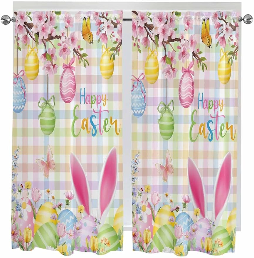 Happy Easter Living Room Curtains 72 Inches length, Spring Bunny Colorful Eggs