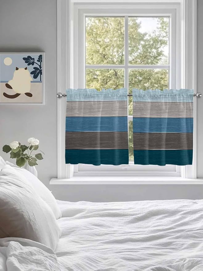 Retro Farm Blue Gray Wood Grain Window Valance Curtains, Rustic Wooden Plank