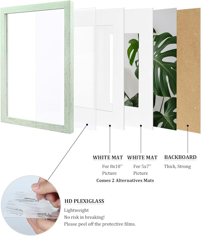Egofine 11x14 Picture Frame Made of Solid Wood Covered by Plexiglass, Display Pictures 5x7/8x10 with Mat or 11x14 Without Mat for Table Top Display and Wall Mounting Photo Frame, Rustic Green