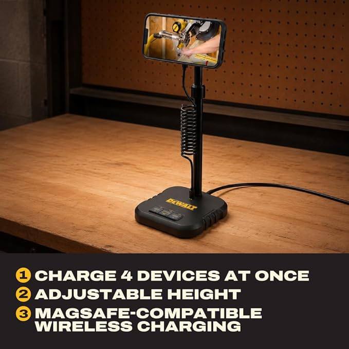 DEWALT Heavy Duty Magnetic Wireless Charging Stand w/USB Ports 2-in-1 Neckband Bluetooth Headphones w/Built-in Speakers (Yellow) Bundle