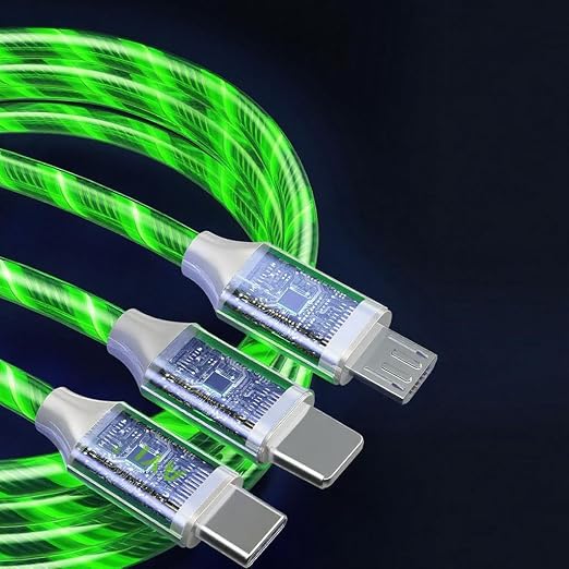 IHAO Multi Ports Light-Up USB Cable USBA to USBC/MicroUSB Cable Durable Fast Charging Cable with Visible Current Flow As Night Light Use-3in1 Blue