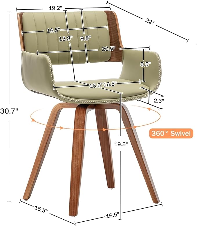 LUNLING Swivel Accent Faux Leather Dining Chairs, Mid Century Modern Chairs with Wooden Legs/Armrest/Upholstered Seat/Adjustable Foots for Kitchen Dining Room Desk Chairs,Green,1PCS
