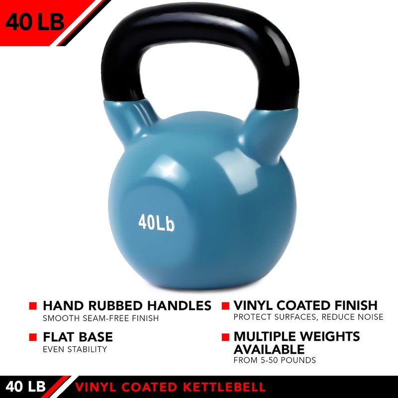 JFIT Vinyl-Coated Cast Iron Kettlebell Weight – Flat Bottom Kettlebell for Strength Training, Cross Training & Home Gym Workouts, 40lb-Steel Blue