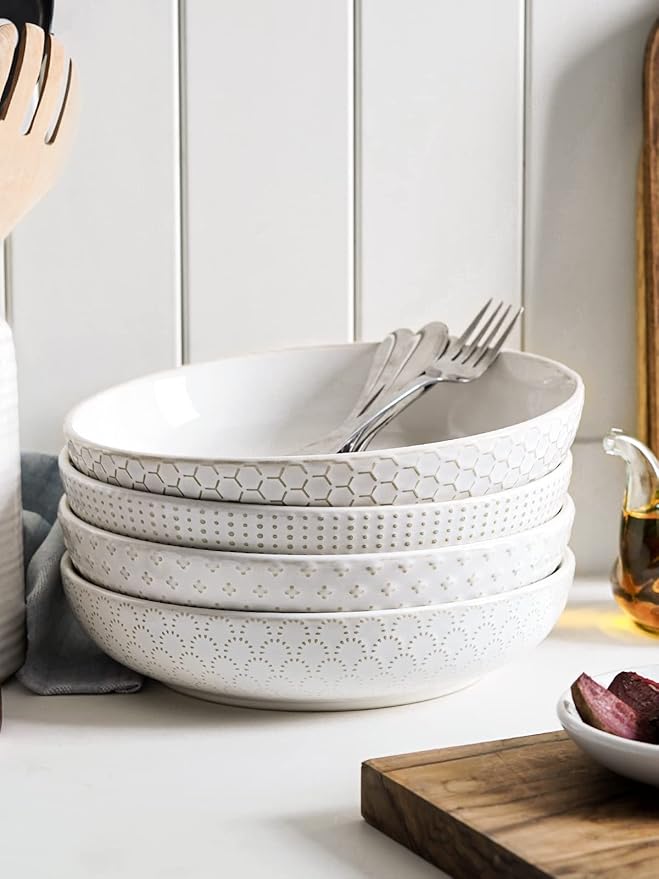 LE TAUCI Pasta Bowls 42oz, Large Salad Bowl, Ceramic Embossment Stoneware Serving Plate for Fruits, Noodle, Dinner, House-warming Wedding Present - 9 Inch, Set of 4, Arctic White