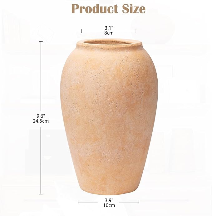Handcrafted Flower Vase, 9.6" Tall Terracotta Vase, Vintage Rustic Ceramic Vase Décor, Wide Mouth, Matte Finish for Home Office Resto Café Décor