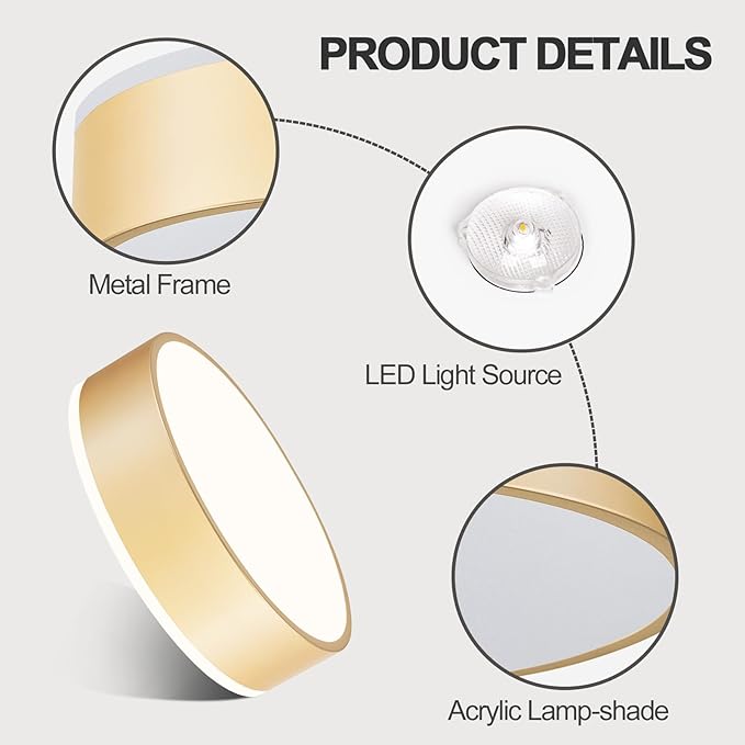 Vikaey Gold LED Ceiling Light, Modern Flush Mount Ceiling Light Fixture, Not Dimmable Minimalist Round Metal Lighting Fixture Ceiling Lamp for Hallway, Entryway, Bedroom, Balcony, 11.81 Inch