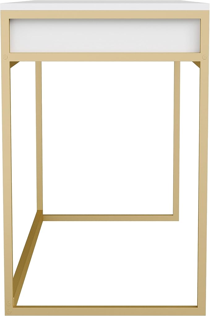 Martha Stewart Ollie Home Office Desk with 3 Drawers in White with Polished Brass Hardware