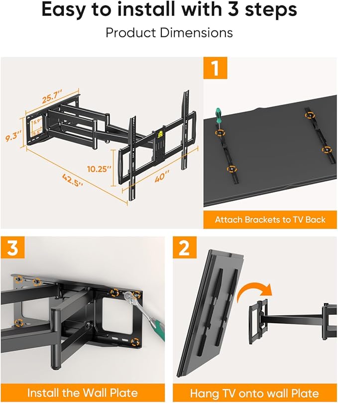 FORGING MOUNT Heavy Duty XXL Full Motion TV Wall Mount for 55-120 inch Extra Large TVs 98" 100",Holds 275 lbs, Max VESA 900x600, 42.9" Extension Long Arm TV Mount Swivel,Tilt,Preassembled,16-24” Studs