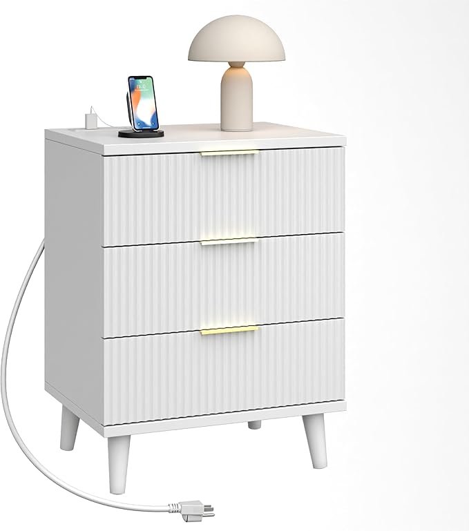 Fluted White Nightstand with USB Charging Station, 3-Drawer Dresser Wood Modern Night Stand Bedside Table with Quiet Drawers & Large Storage End Table for Bedroom