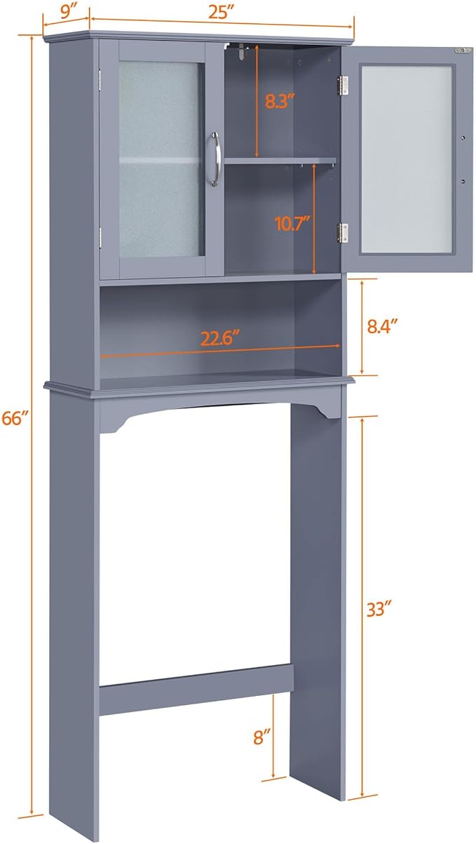 Yaheetech Over The Toilet Storage Cabinet, Free Standing Toilet Rack with Adjustable Shelves and Tempered Glass Doors for Bathroom Washroom, Grey