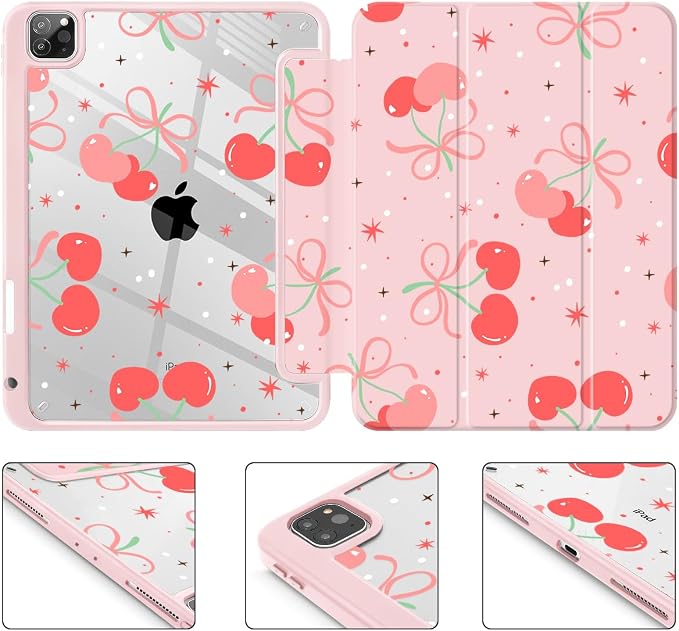 May Chen Case for iPad 12.9 Inch (6th/5th/4th/3rd Generation 2022/2021/2020/2018) Pencel Holder + Trifold Support Auto Sleep/Wake Transparent Shockproof Back Cover Blue Bows
