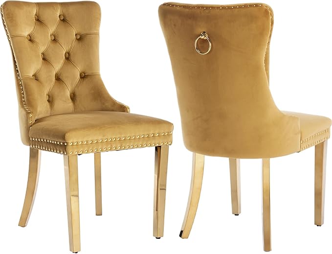 Luxury Upholstered Dining Chairs Set of 2, Yellow Kitchen Chair with Golden Metal Legs, Velvet Tufted Back Dining Chair, Sillas de Comedor, Modern Kitchen & Dining Room Chairs (Gold, 2 Pcs)