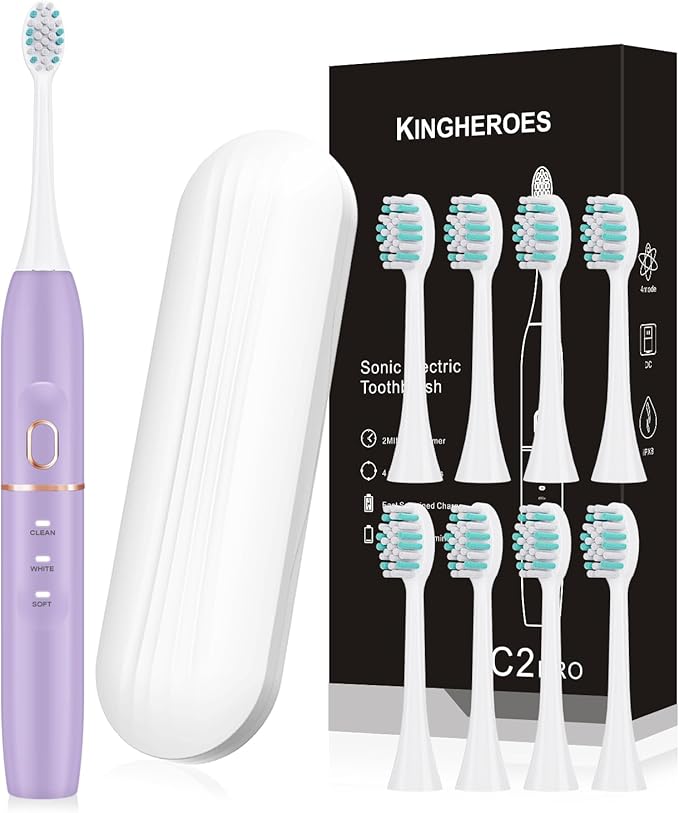 kingheroes Electric Toothbrush Set, Comes with 8 Brush Heads & Travel Case,4 Modes with 2 Minutes Built in Smart Timer, One Charge for 60 Days, 42000 VPM Motor (Purple)