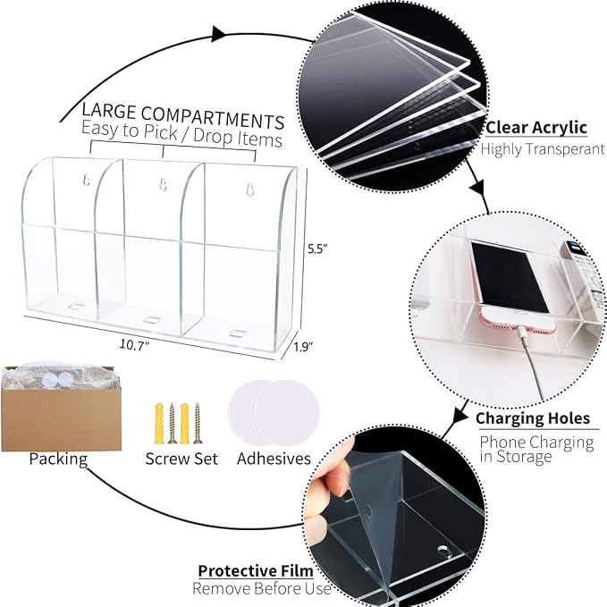 Clear Wall Tablet Holder Acrylic Wall Mounted Phone Holder for iPad Remote Control Holder Laptop Stand for eReader Storage Caddy with Charging Holes for Kindle iPhone