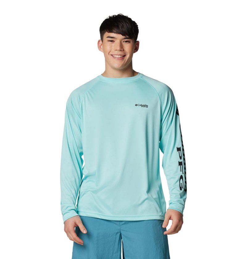 Columbia Men's PFG Terminal Tackle Long Sleeve Fishing Shirt, Gulf Stream/Black Logo, X-Small