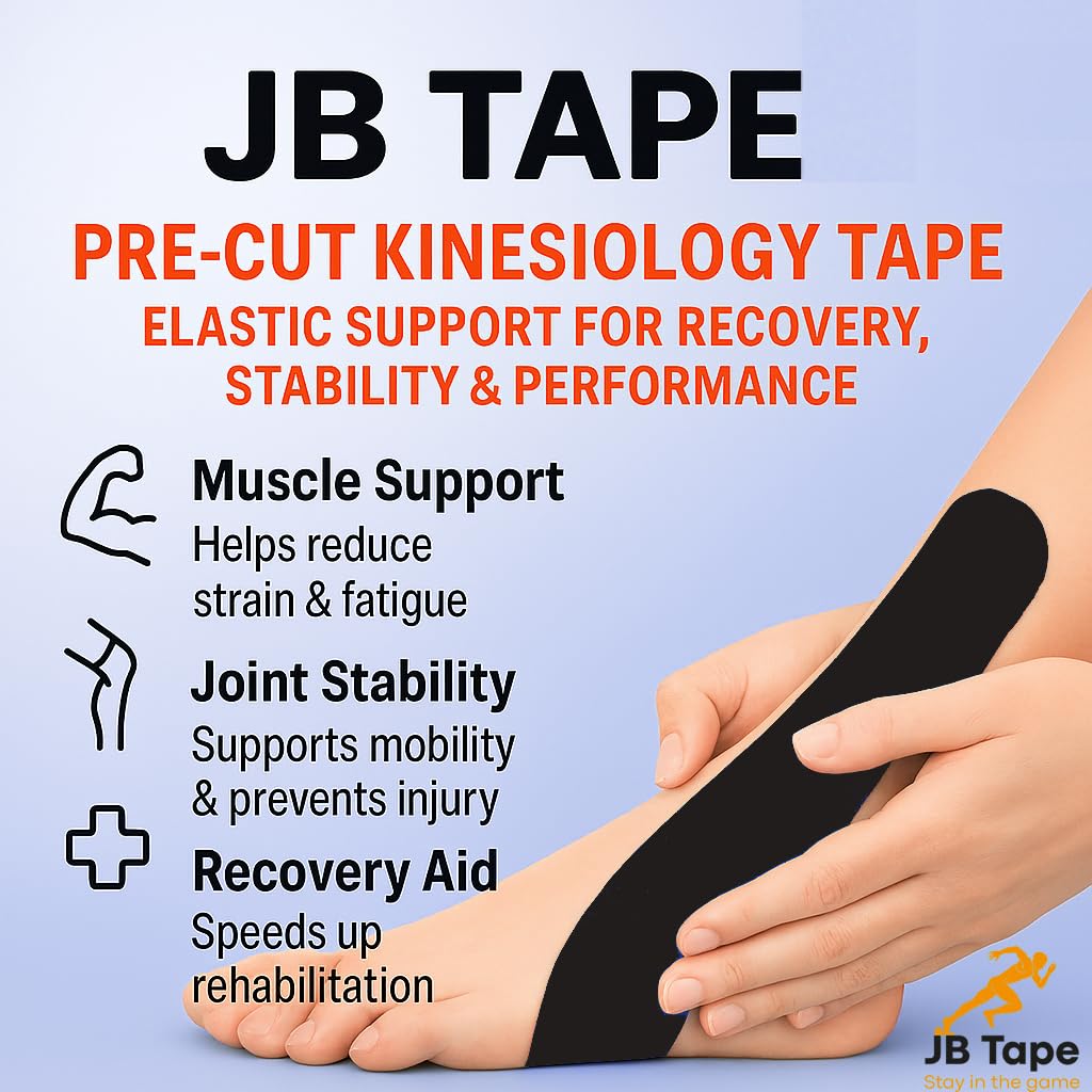 JB Tape Kinesiology Tape, Black, 80 Precut 10-Inch Strips, 4 Rolls