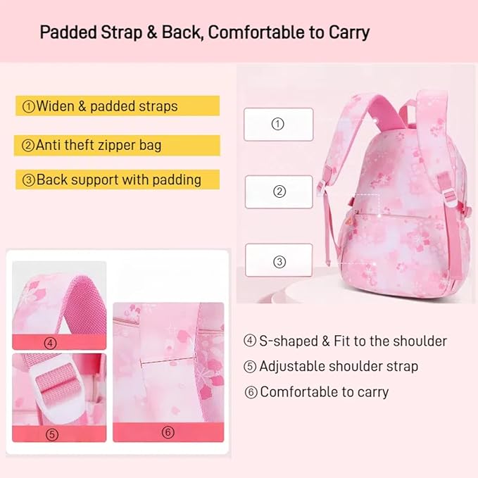 3Pcs Set Backpacks for Girls Teen, Cute Flowers School Bag Girls Bookbags with Lunch Box Pencil Bag, Multi-Pockets Kids Backpack for Elementary & Middle School, Pink