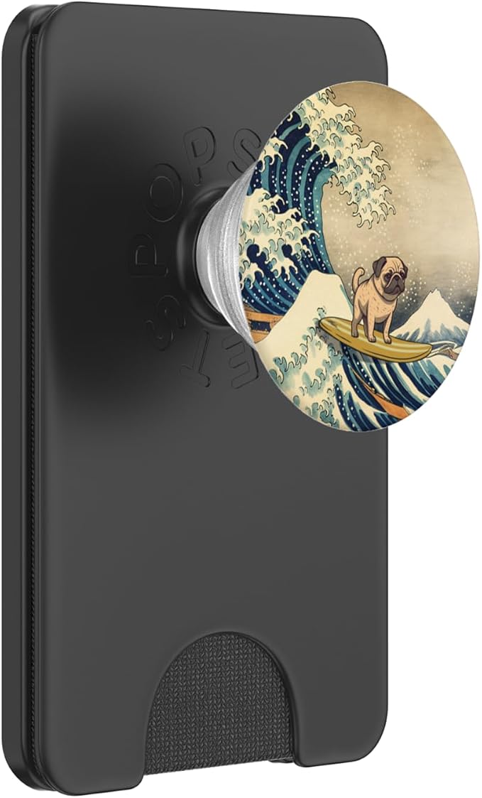 Surfing Pug Kanagawa Wave Japanese Dog Funny PopSockets Adhesive PopGrip