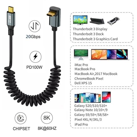 chenyang USB C to C Coiled Cable USB 3.2 Type C 90 Degree UP Angled 20Gbps PD 100W 8K@60Hz Data Fast Charging Cable 6ft