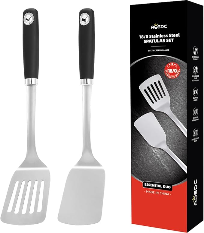 2 Pcs Stainless Steel Spatulas Set,14.9 Silver Slotted Turner, Solid Turner, Kitchen Cooking Utensils Set, High Heat Resistant, Grilling Frying Serving Food, Easy to Clean