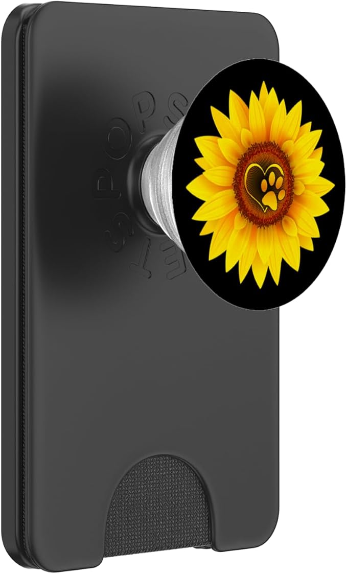 Paw Print Dog Paw Cute Dog Love Yellow Sunflower on Black PopSockets Adhesive PopGrip