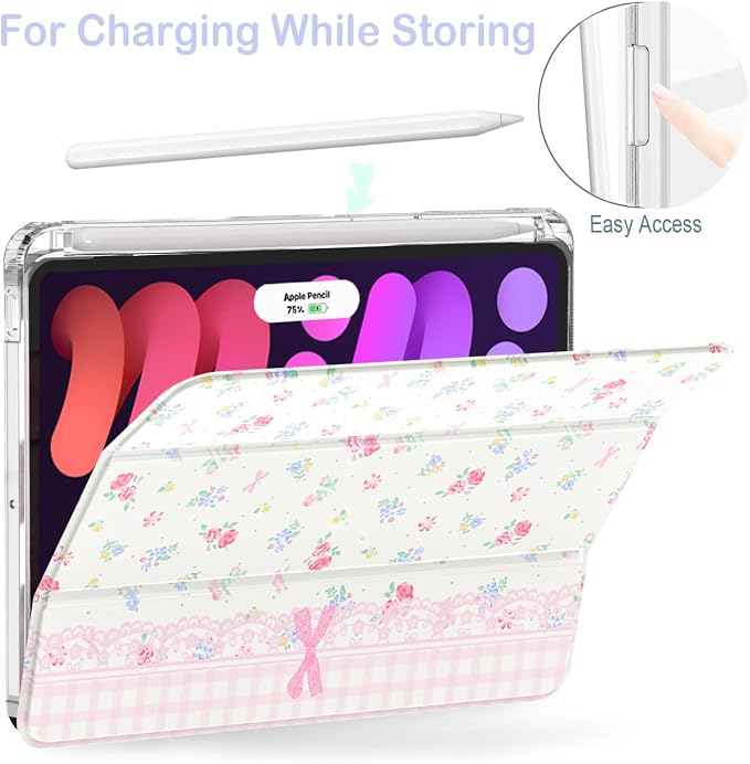 Feams Case for iPad mini 7 A17 Pro 2024/iPad Mini 6 2021 Slim Lightweight Trifold iPad mini 7 A17 Pro Case 8.3 Inch 2024 Clear Back Cover with Pencil Holder &amp Auto Sleep Blue Bow
