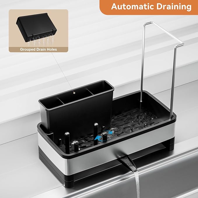 Sponge Holder for Kitchen Sink, Rustproof Stainless Steel Sink Caddy with Auto-Drain, Removable Brush Holders, Soap and Dishcloth Organizer, Black