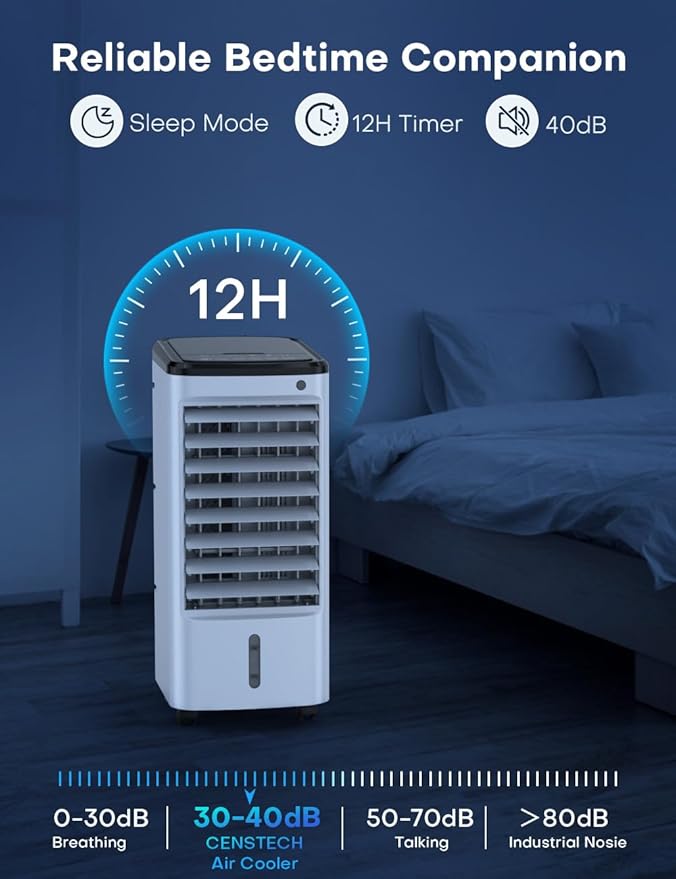 CENSTECH 4-IN-1 Portable Air Conditioners, Evaporative Air Cooler w/3Modes & 3Speeds, 12H Timer for Smart Auto-off, 1-Gal Tank for 15H Cooling, 26FT Remote, No Hose Needed, 70°Oscillating Swamp Cooler