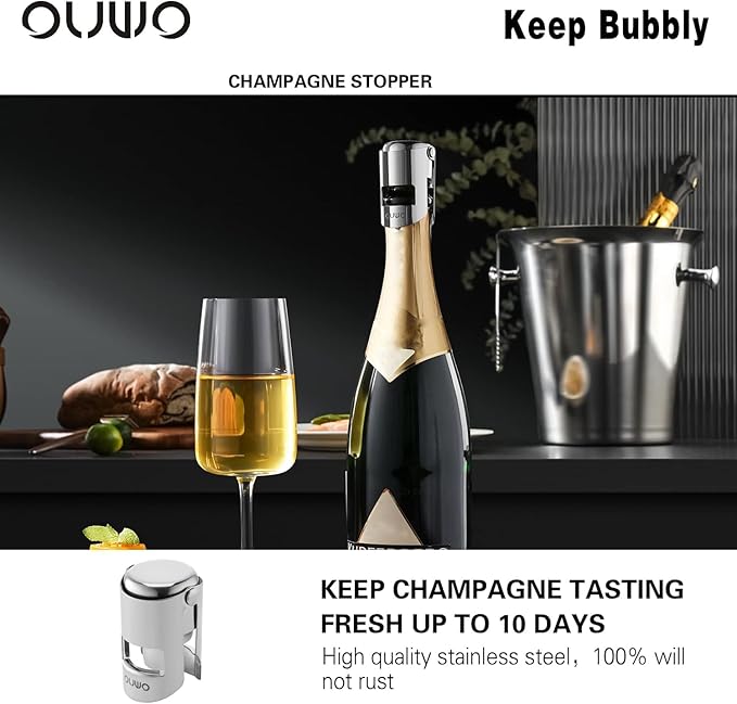 OUWO Champagne Stopper 6 Pack Stainless Steel Champagne Save with Food Grade Silicone, Leak-Proof Bubble Retaining Saver, Suitable for Champagne Prosecco Cava and Sparkling (Silver)