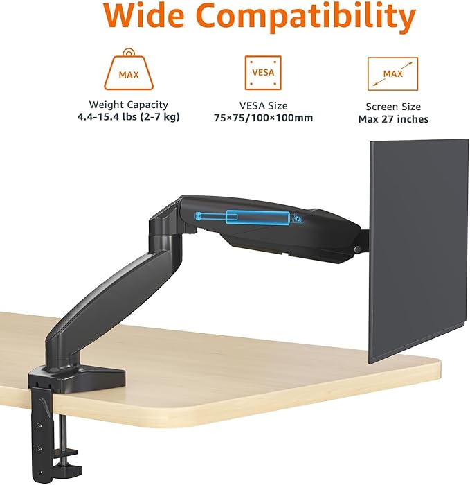 Amazon Basics Gas Spring Single Computer Monitor Arm Desk Mount, Adjustable, Holds up to 27" Monitors, Black