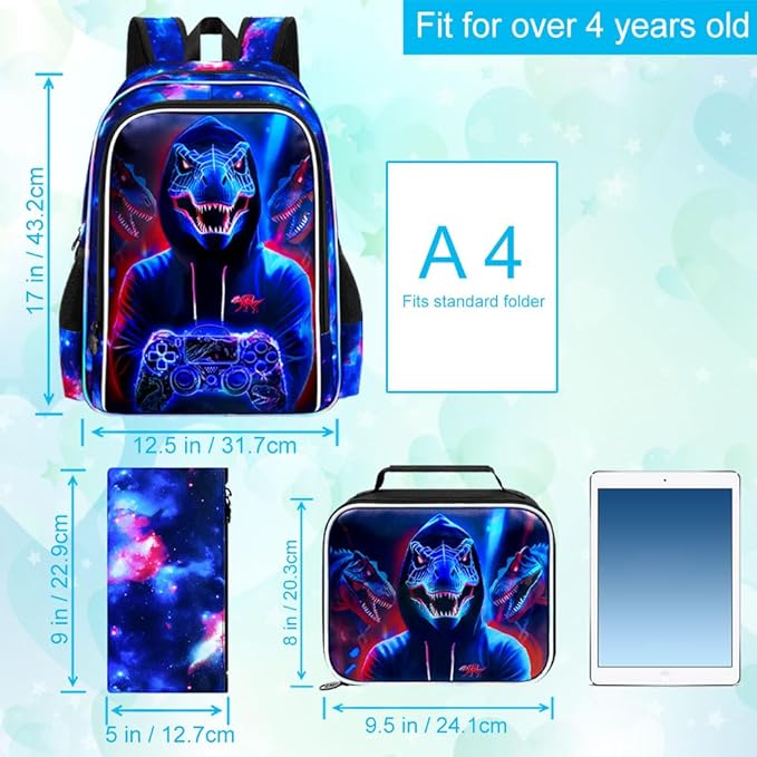 gxtvo 3PCS Kids Dinosaur Game Bookbag, 17" Boys Dino Backpack with Lunch Box, Water Resistant Middle Elementary School Bag - Dinosaur Game