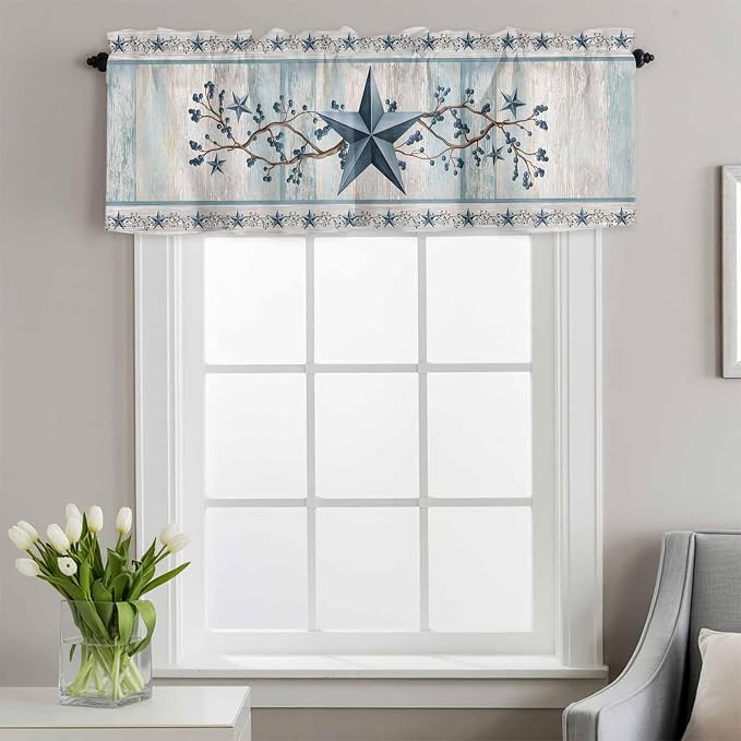 Blue Texas Star Valances for Windows, Vintage Star Berry Blue Beige Wood Grain