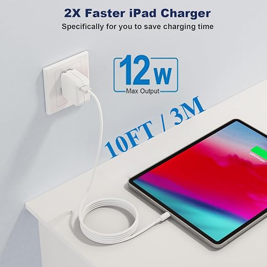 10FT iPad ChargeriPhone Charger Pad Cord Fast Charging 12W USB Wall Charge | Foldable Portable Travel Plug with 10Foot USB A to Lightning Fast Charging Cable for iPad Mini 1/2/3/4/5Air 1/2/3iPhone