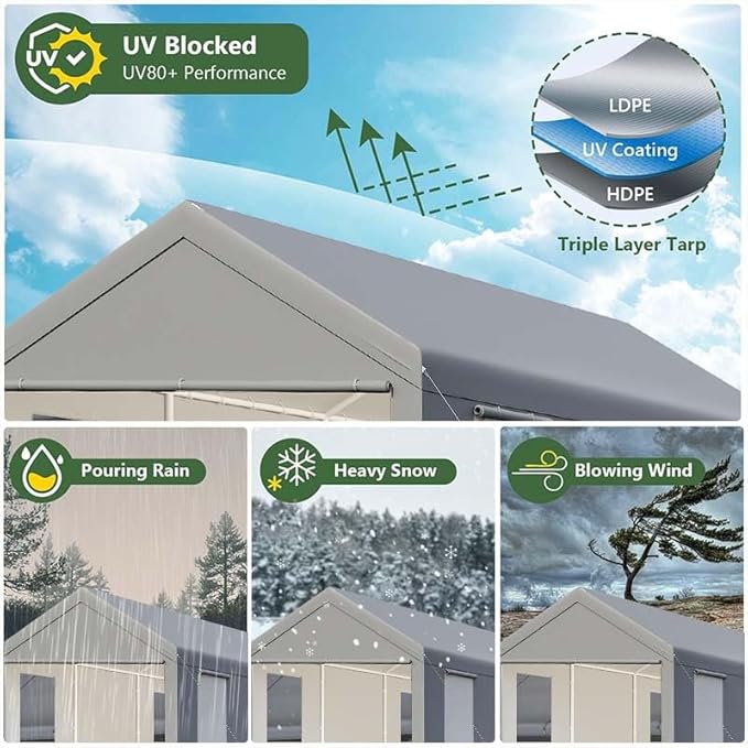 Carport, 12x20 ft Grey Heavy Duty Carport with Roll-up Windows, Portable Garage with Removable Sidewalls & Doors, Car Canopy and All-Season Tarp for Car Boat Truck Motorcycle