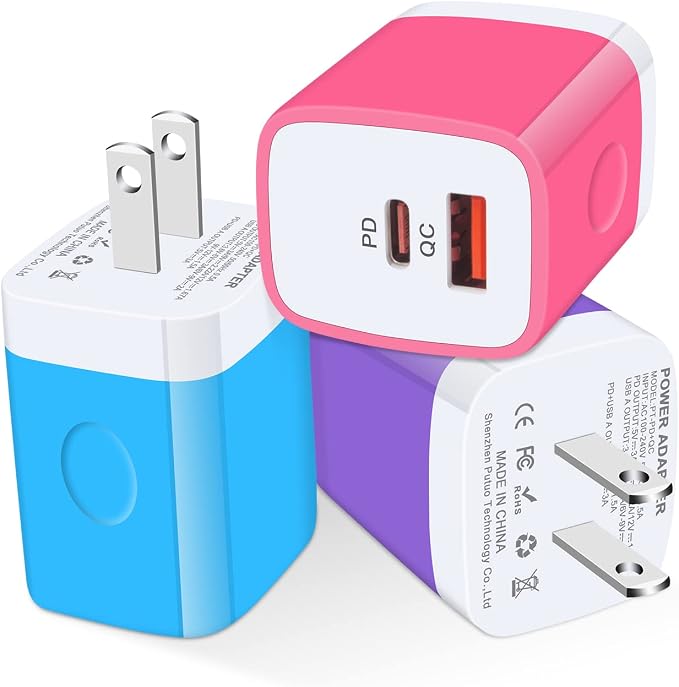 USB C Wall Charger 2-Ports 20W USB A and USB C Charger Block [PD/QC 3.0] | 3Pack USB-C Power Wall Plug Adapter Brick for iPhone 17/16/15/14/13/12/Pro Max/Mini iPad/Pro AirPods Pixel Samsung Galax