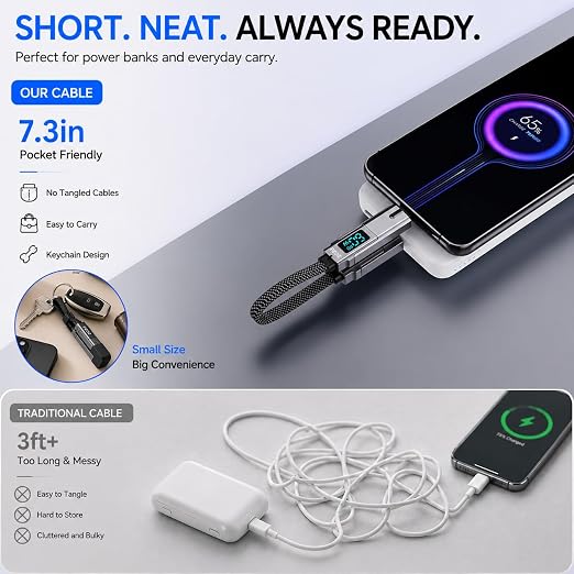 PZOZ 4-in-1 Keychain Charging Cable 60W Fast Charging USB C Cable with LED Display USB A/C to USB C &amp Lightning Portable Short Charger Cord for iPhone 16/15 iPad MacBook Samsung (60W 7.3 in