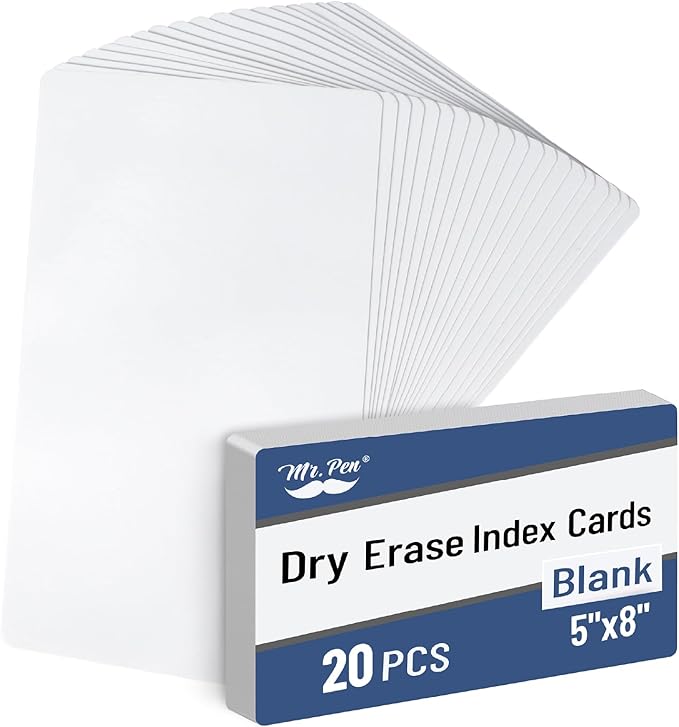 Mr. Pen- Dry Erase Index Cards, 5" x 8", 20 pcs, White, Large, Laminated, Whiteboard Cards for School, Work, Housework, Erasable Flashcards