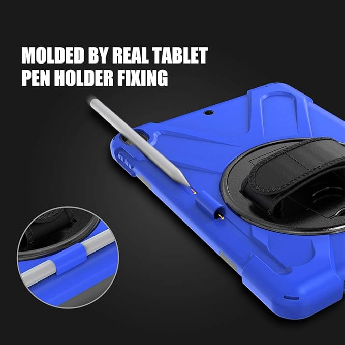 ZenRich Shockproof Case for iPad 9th/8th/7th Generation 10.2 inch 2021/2020/2019, Heavy Duty Rugged Case with Pencil Holder/360° Rotating Kickstand/Handle/Carrying Strap, Blue