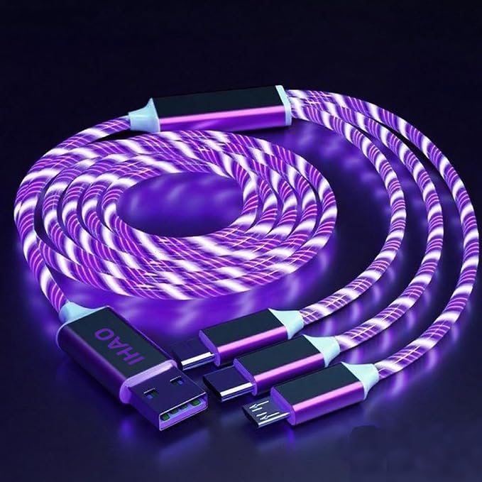 IHAO Multi Ports Charger Cable 3 Combinations in One Cable USB A to USB C/Micro USB PD Fast Charging Cord Lighted Up LED Flowing Compatible with Almost All Kinds of Electric Device-39Inches Blue