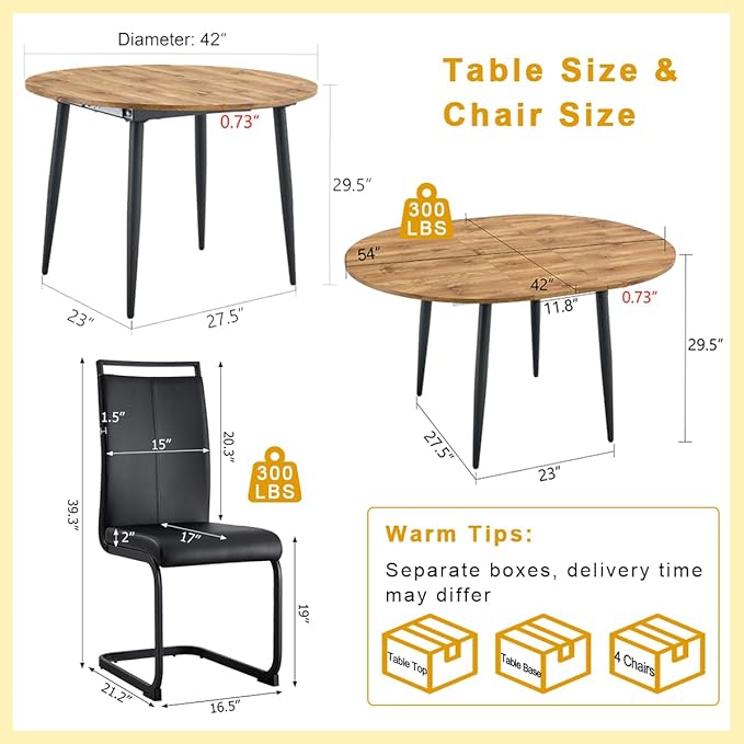 42"-54" Extendable Dining Table Set for 4, Round Dining Table Set for 4, 0.73" Thick Wood Tabletop with Smooth Edge, Black Metal Leg with Non-Slip Footmat, 4 Soft PU Chairs, for Kitchen, Small Space