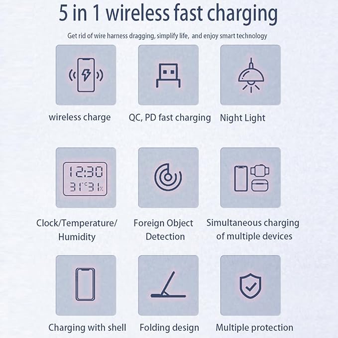 IHAO 3in1 Multifunctional Foldable Wireless Charging Station with LED Ambient Night Light Fast QC3.0 Charger for Phone iWatch Headphone Space-Saving Auto-Shutoff &amp Overcharge Protection-Black