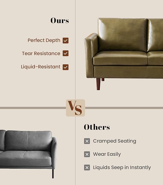 Kingfun Faux Leather 2 Seat Couch for Living Room, Mid Century Modern Sofa with Rolled Arms and Deep Seats, Fluffy Comfort for Apartment, Easy to Assemble, Olive Green