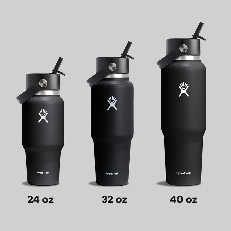 Hydro Flask Travel Water Bottle - Insulated Stainless Steel - Wide Straw Lid, Non Spill, Leakproof in 32 Oz Black