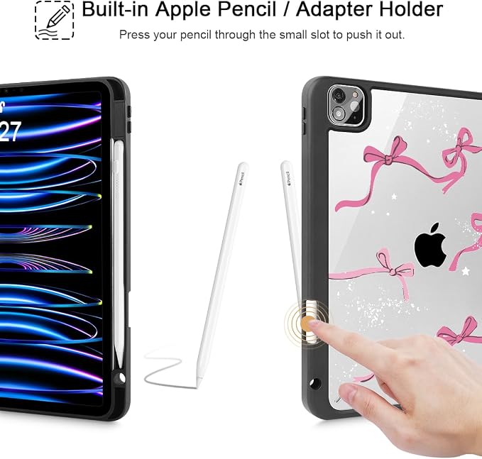 Tuiklol for iPad Pro 11 Inch 4th / 3rd / 2nd / 1st Gen (2022 2021 2020 2018) Case -Built-in Pencil Holder Shockproof Cover Clear Transparent Back Shell with Auto Wake/Sleep Black Flower