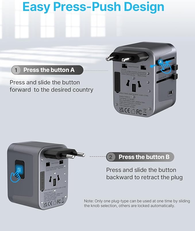 Universal Travel Adapter, VINTAR International Power Adapter with 6A 3 USB C and 2 USB Ports, All in One Travel Essentials Plug Adapter, Worldwide Outlet Converter for Europe UK USA AUS(Type C/G/A/I)