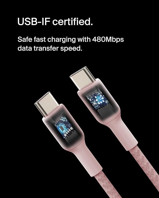 Belkin USB C to USB C Braided Cable 3.3ft iPhone Charger Cord | tangle-free braided cord iPhone 17/16 Samsung Galaxy S25 Pixel 9 MacBook iPad Pro Nintendo Switch 2 travel essential
